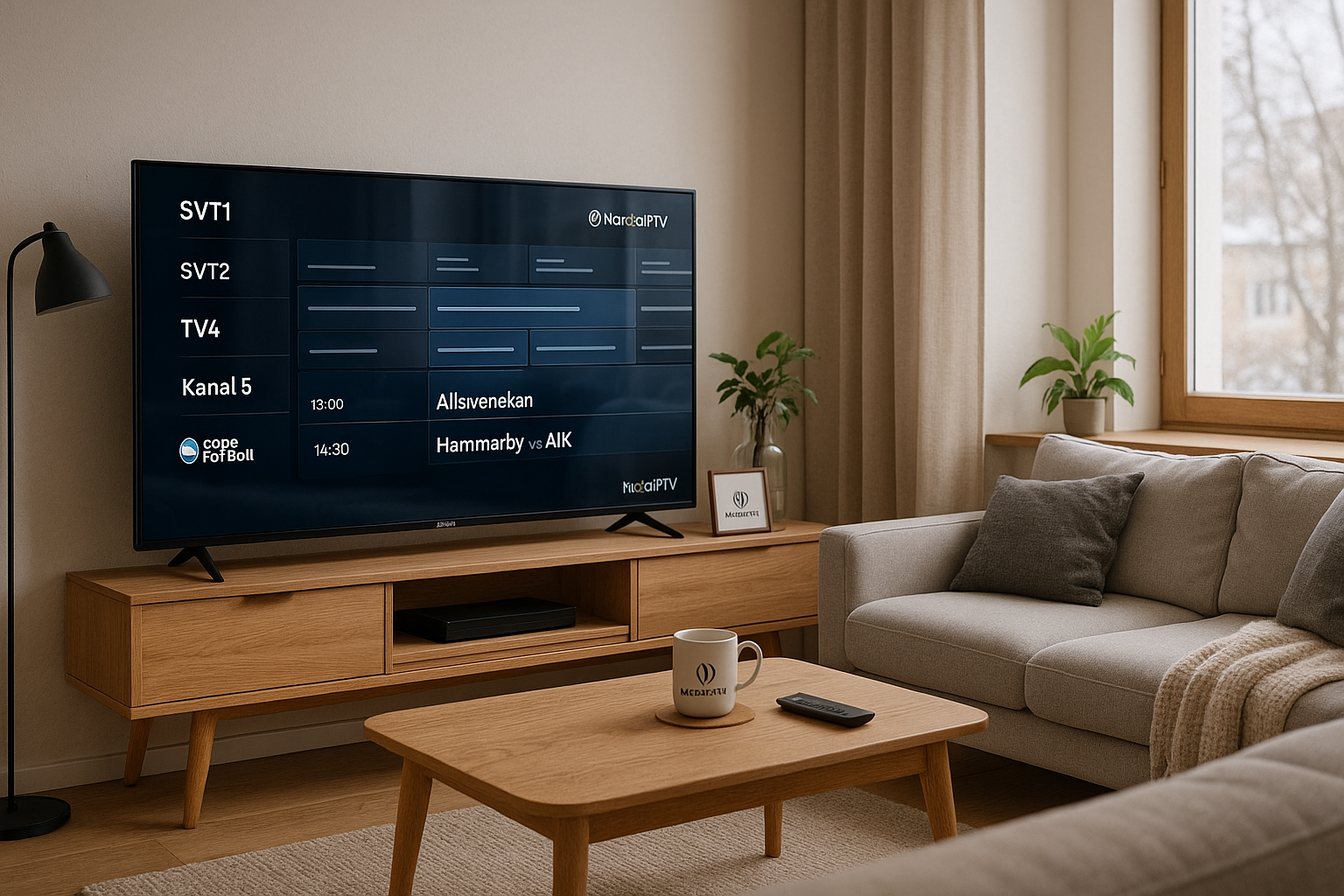 Sverige IPTV channel guide with Swedish channels and live sports on a modern TV