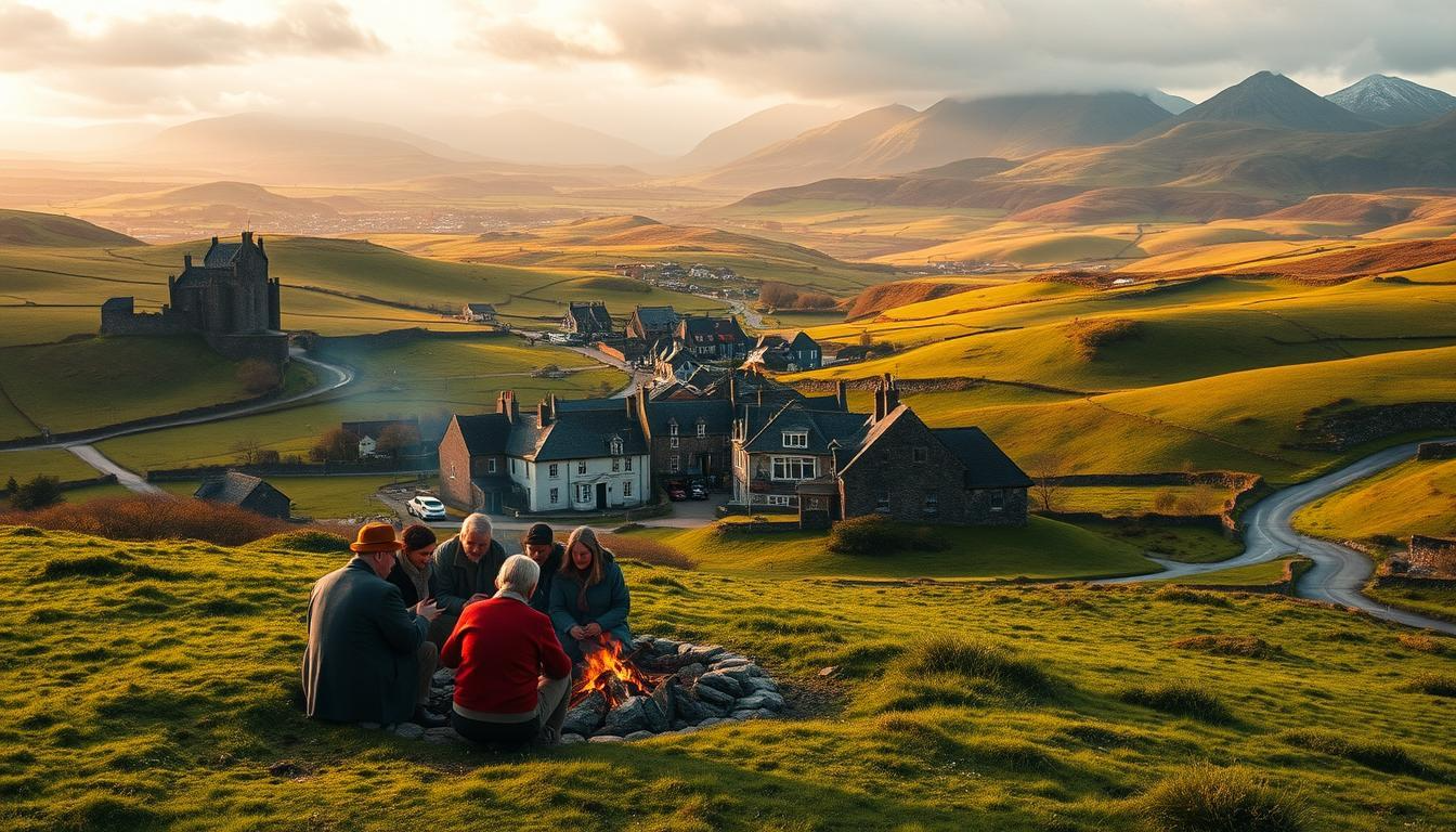 A sprawling landscape of rolling green hills, dotted with ancient castles, stone cottages, and winding country roads. In the foreground, a group of locals dressed in traditional Irish attire - tweed caps, woolen sweaters, and sturdy boots - gathered around a flickering peat fire, sharing stories and passing down their rich cultural heritage. The middle ground features a picturesque village, its colorful buildings and cobblestone streets a testament to the enduring traditions of Ireland. In the background, majestic mountains rise up, their peaks shrouded in a soft, misty haze, conveying a sense of timelessness and the enduring spirit of the Irish people. The scene is bathed in warm, golden light, casting a cozy, nostalgic glow over the entire tableau.