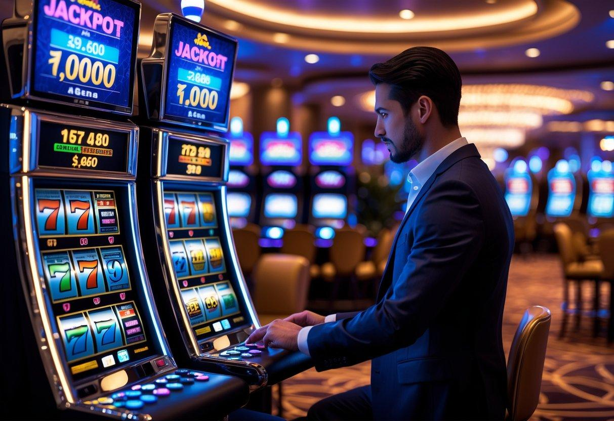 A person playing a brightly lit slot machine in an elegant casino setting.