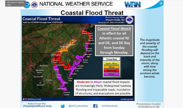 A map showing the forecast coast flood threat from a National Weather Service report on Oct. 10, 2025 for the nor-easter hitting the region this weekend. 