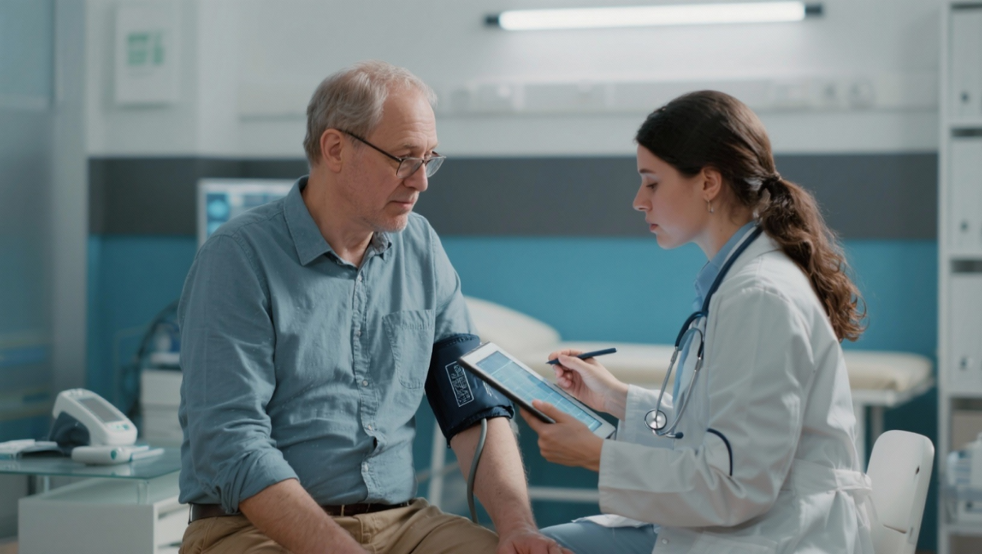 Doctor reviewing medical charts on a tablet with a patient during a diabetes check-up, stethoscope and blood pressure monitor on the desk in a modern clinic.