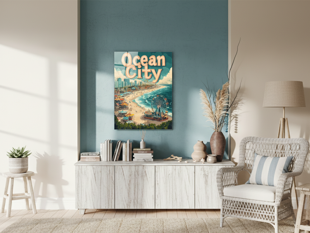 A white cabinet with a painting on it 
AI-generated content may be incorrect.