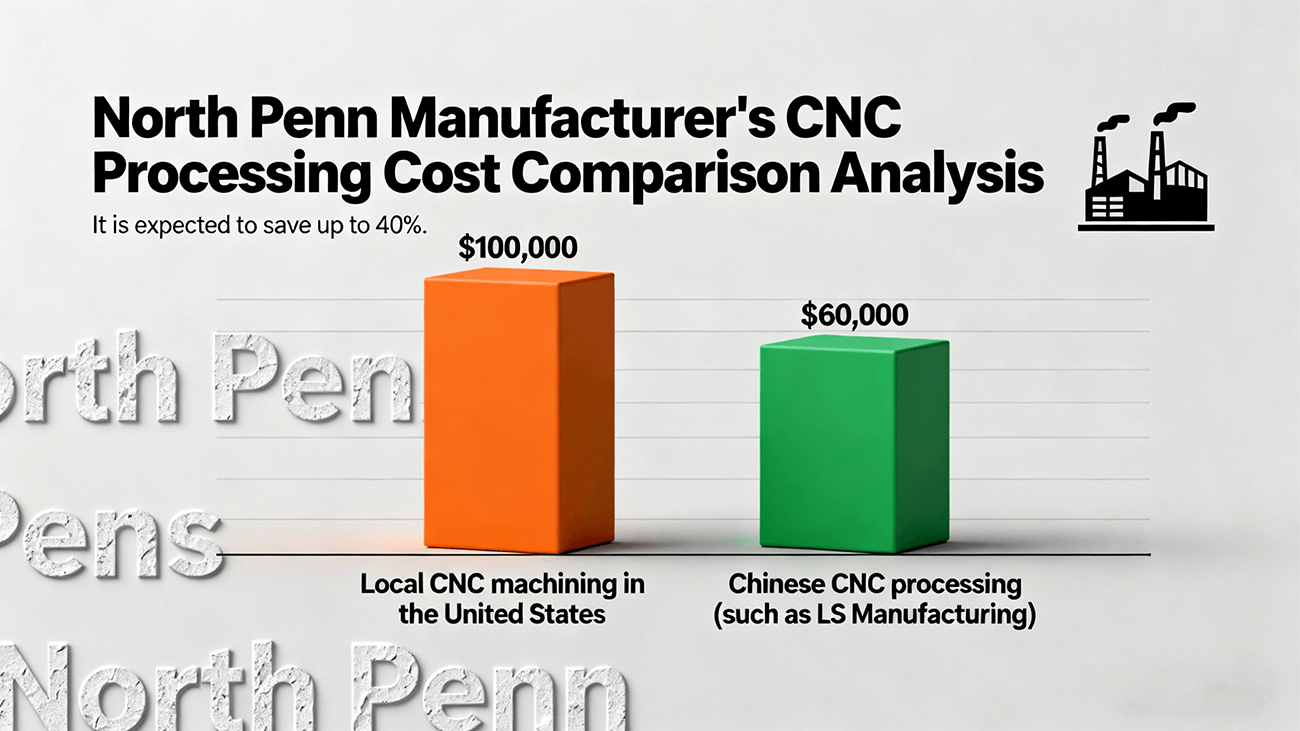 Bar chart comparing CNC machining costs for North Penn manufacturers: outsourcing to China saves 30-40% versus US local production. Chart shows labor, materials, and efficiency advantages.