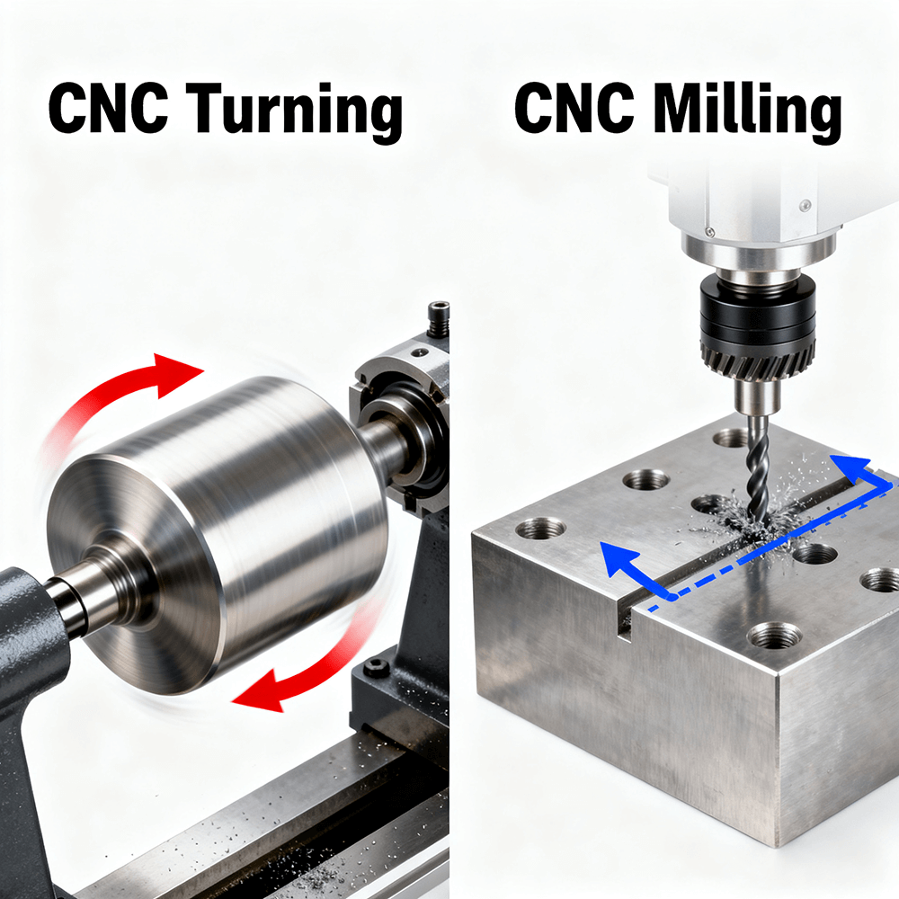 Diagram illustrating the key differences between CNC turning (rotating workpiece) and CNC milling (rotating tool).