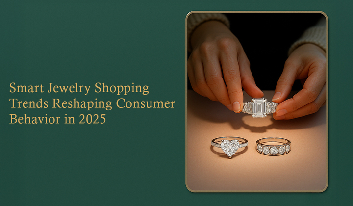 Consumer browsing diamond rings, featuring emerald-cut, heart-shaped, and five stone designs for smart jewelry shopping trends in 2025