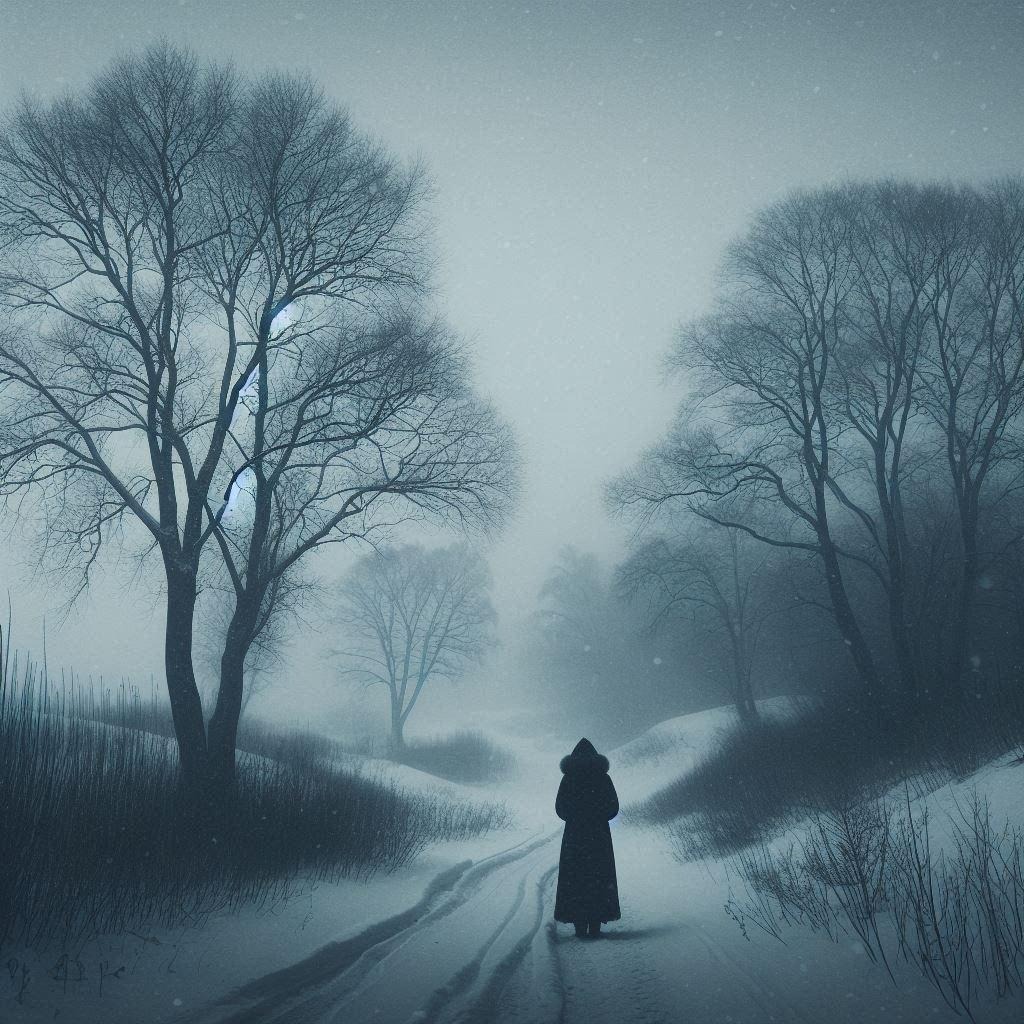 A moody winter landscape with bare trees and soft falling snow, a solitary figure wrapped in a warm coat standing alone on a quiet path, capturing the feeling of cold isolation and inner struggle.
