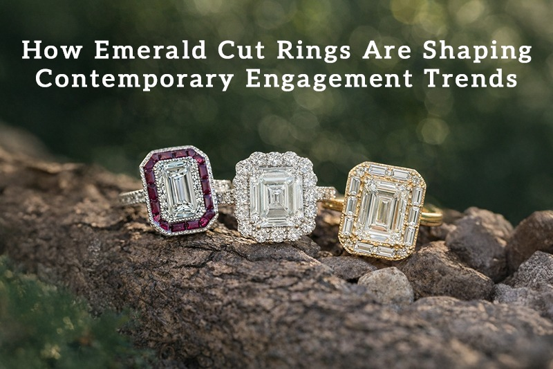 Emerald cut engagement rings with halo and baguette settings showcasing modern ring design trends