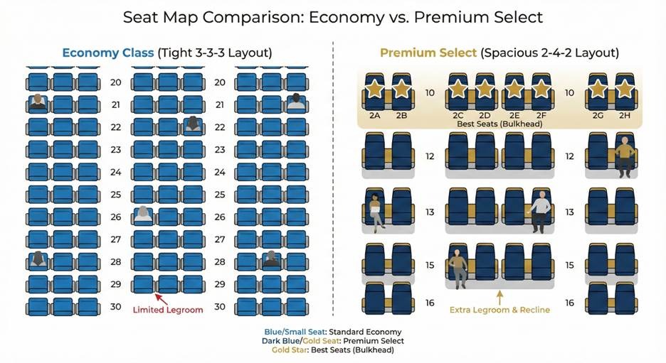 Delta Premium Select seat map comparison 2-4-2 layout vs economy.