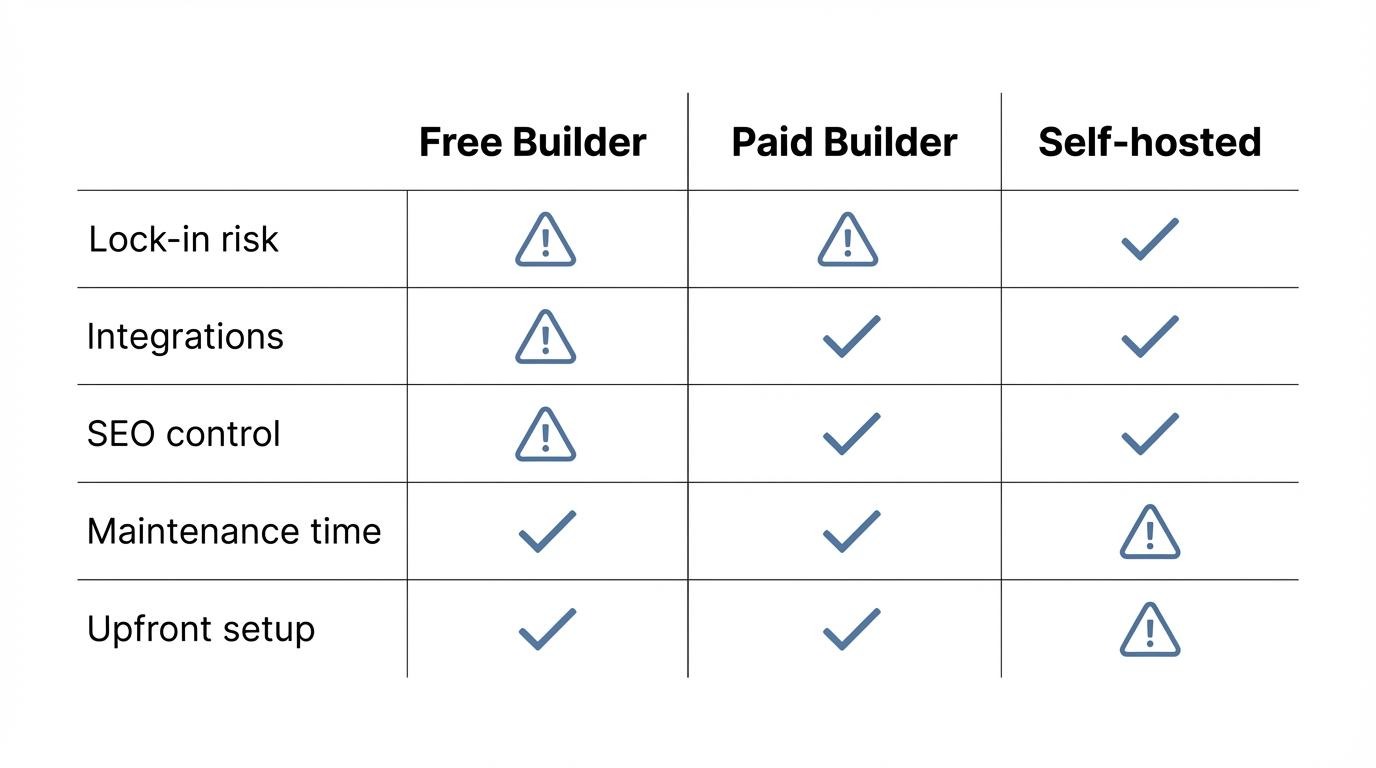 Image 3 (turning point): A comparison visual showing “Free vs Paid vs Self-hosted” across lock-in, integrations, SEO control, and maintenance time.