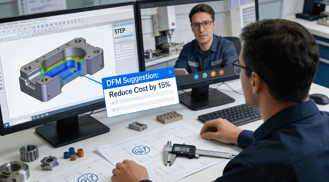 Manufacturing engineer reviewing Design for Manufacturability (DFM) feedback on a laptop during a video call with a CNC machining partner.
