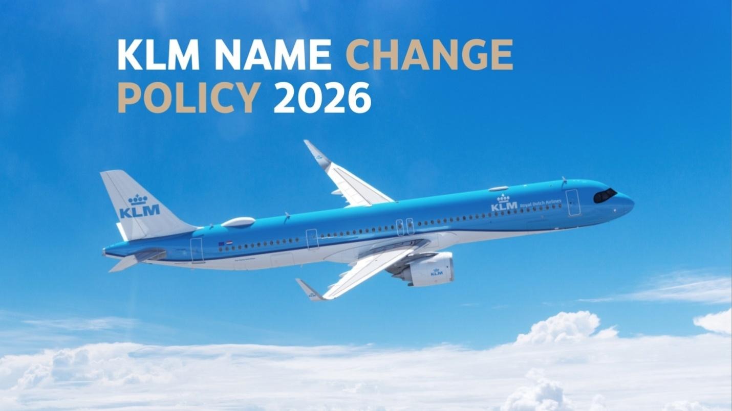 Blue KLM Royal Dutch Airlines plane - name correction policy guide.