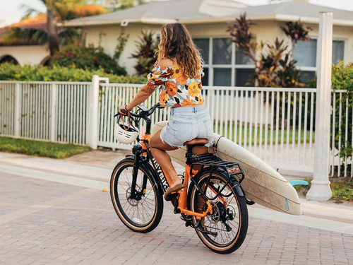 A person riding a bicycle with a surfboard on her shoulder

AI-generated content may be incorrect.