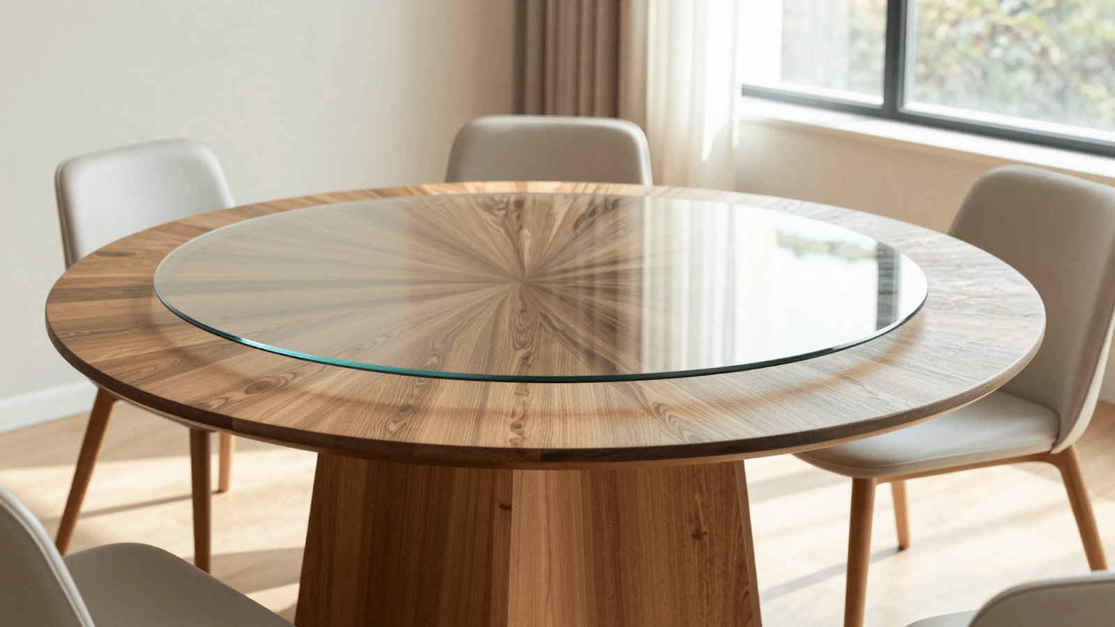 Modern round table top with pedestal base in a bright dining area, showcasing natural wood finish and smooth edges