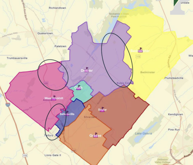 The first redistricting option would balance students by school capacity. (Courtesy of the Pennridge School District)