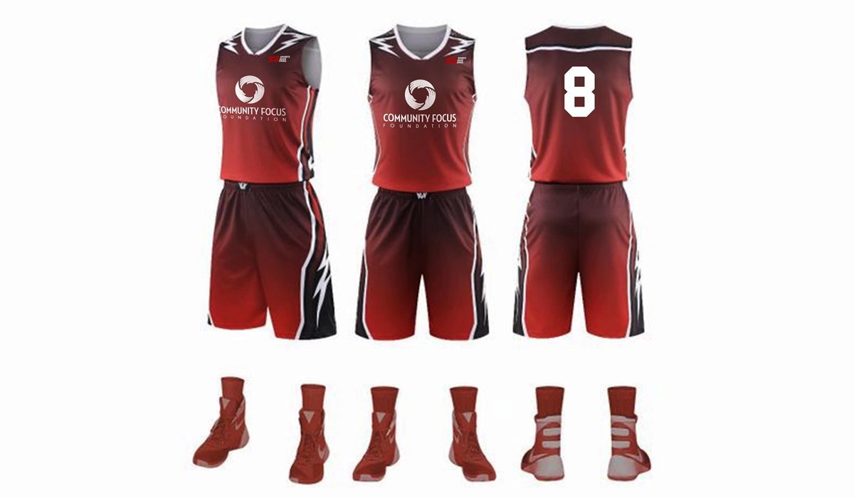 Red and black basketball jerseys with community foundation logo
