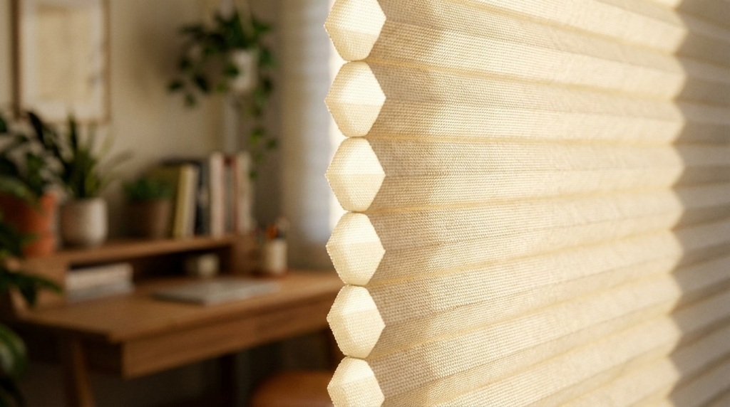 Close-up of cellular honeycomb blinds showing light filtering through