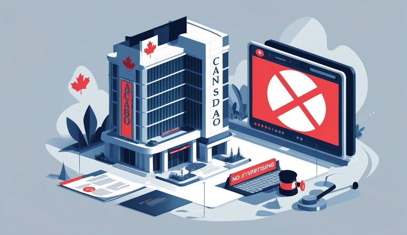 A casino building with a no advertising symbol on a billboard in front, surrounded by icons representing legal restrictions and regulation, set against a Canadian cityscape background.