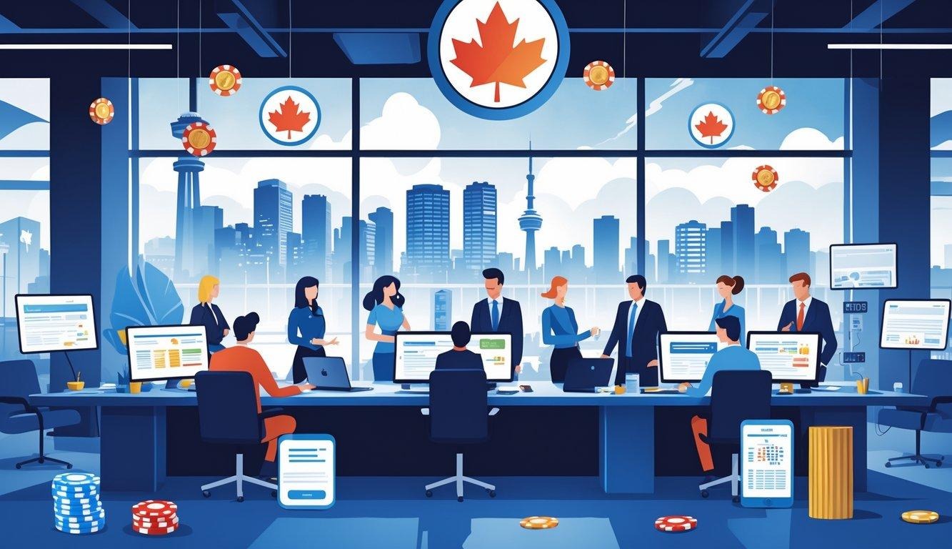 A newsroom with journalists working together around a table filled with documents and laptops, with a city view showing Canadian landmarks in the background.