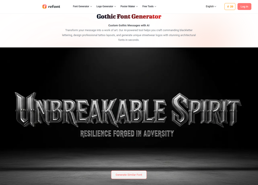 Refont Gothic Font Generator homepage featuring a metallic 