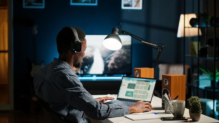 African american freelancer solving daily tasks with music on headset