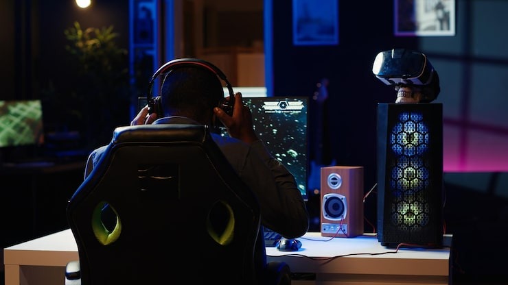Gamer enjoying spaceship flying game in neon illuminated apartment