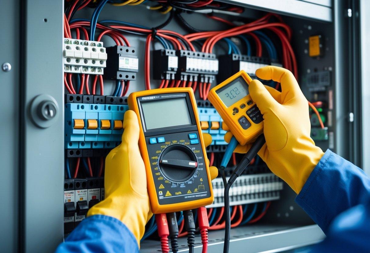 A technician inspecting and testing a miniature circuit breaker inside an open electrical panel using a digital multimeter.