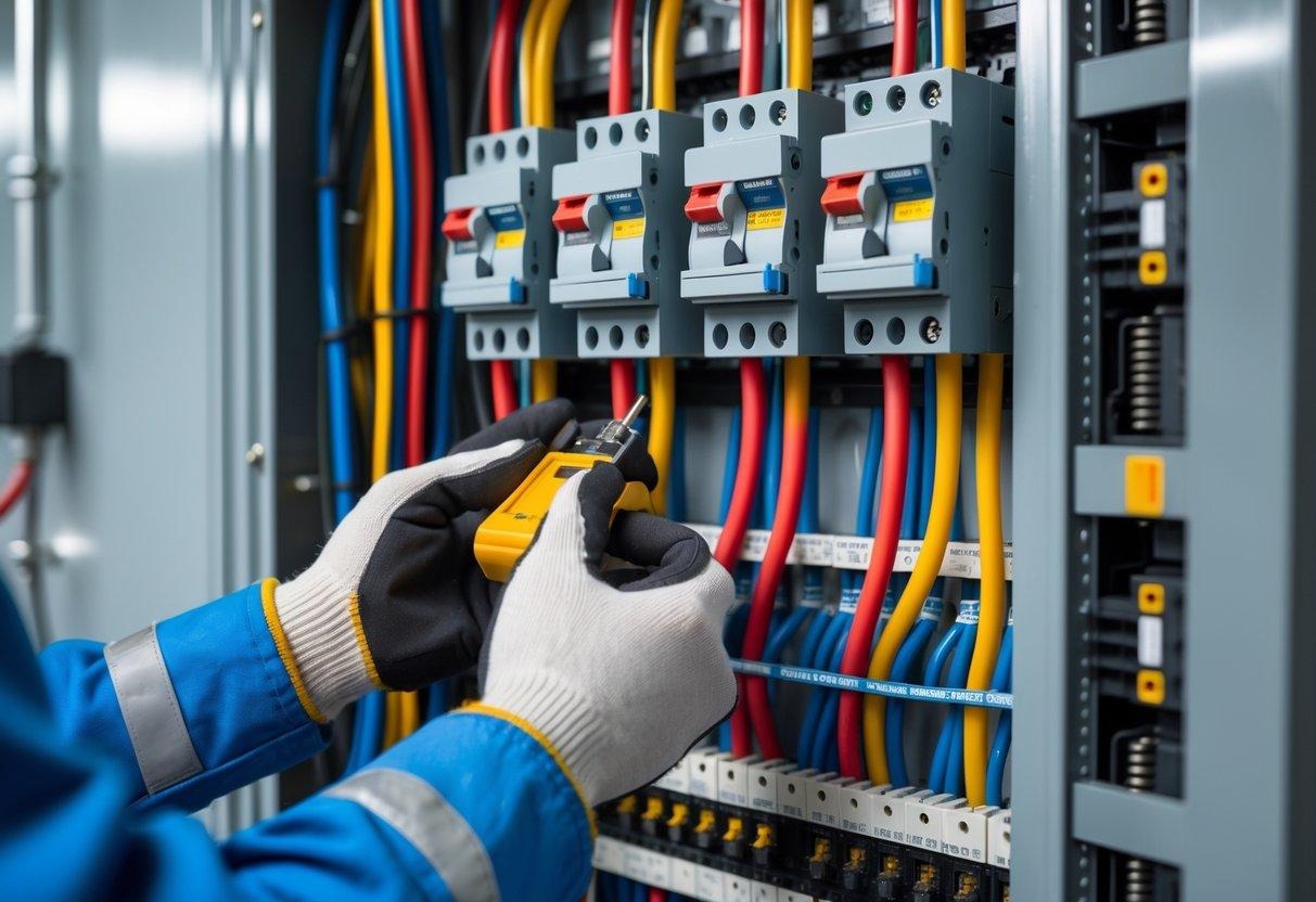 An electrician installing a 3-pole circuit breaker into a three-phase electrical panel with colored wires.