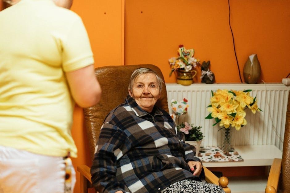 An elderly woman with a caregiver in a memory-care garden setting