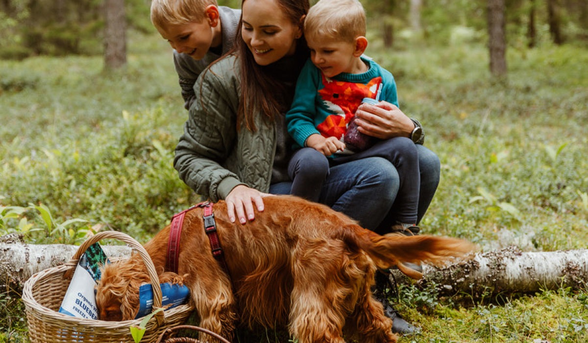 Mother and sons with dog in a forest setting