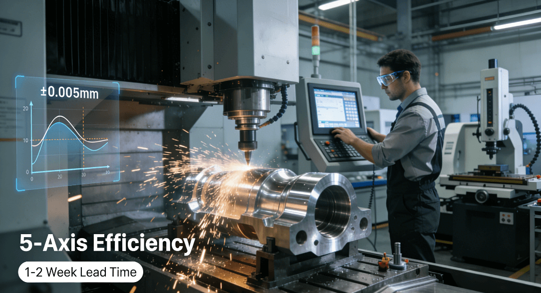 Engineer operating a modern 5-axis CNC milling machine machining an aerospace component, with key data on precision and lead time overlayed.