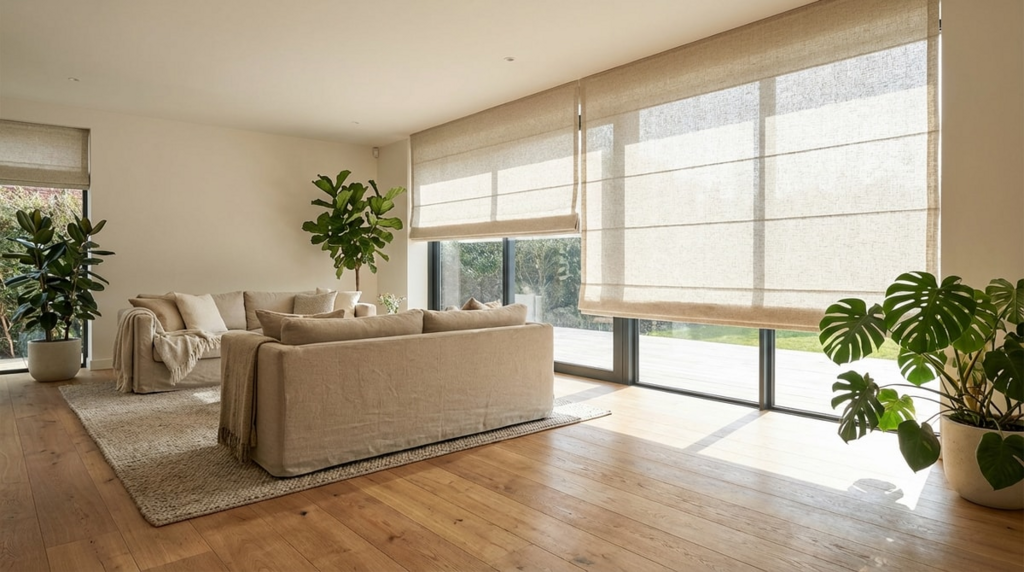 Modern living room with sunlight streaming through roller blinds