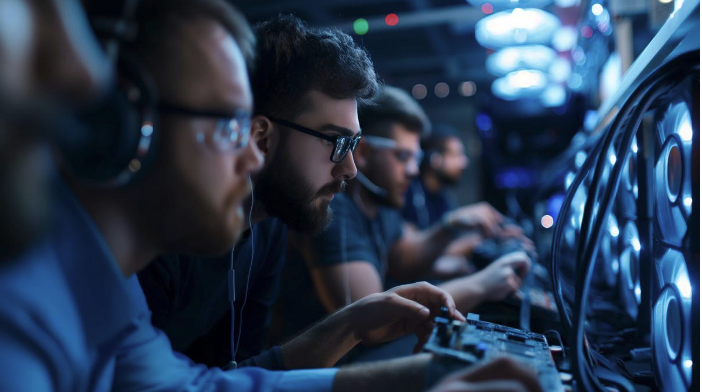 engineers working on a card simulator hardware