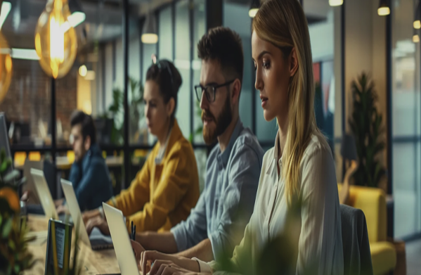 Three employees seated next to each other looking at proposal management software on their laptops