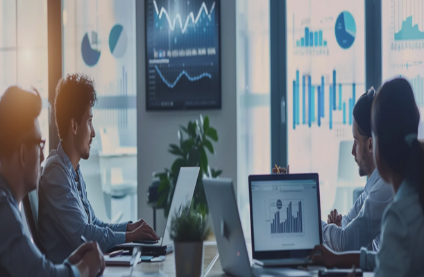 Four employees at their desks using laptops for proposal management software