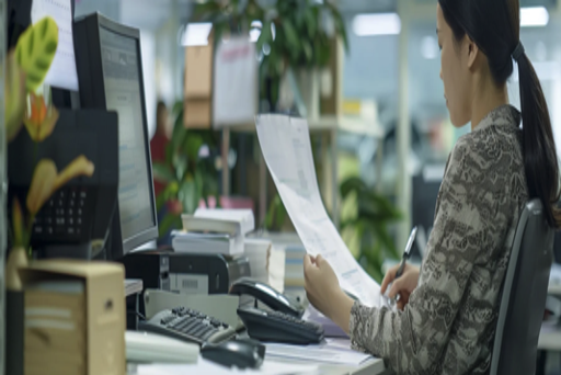 Businesswoman reviews documents to send to fax programs