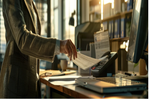 Businesswoman using fax programs and sending a fax