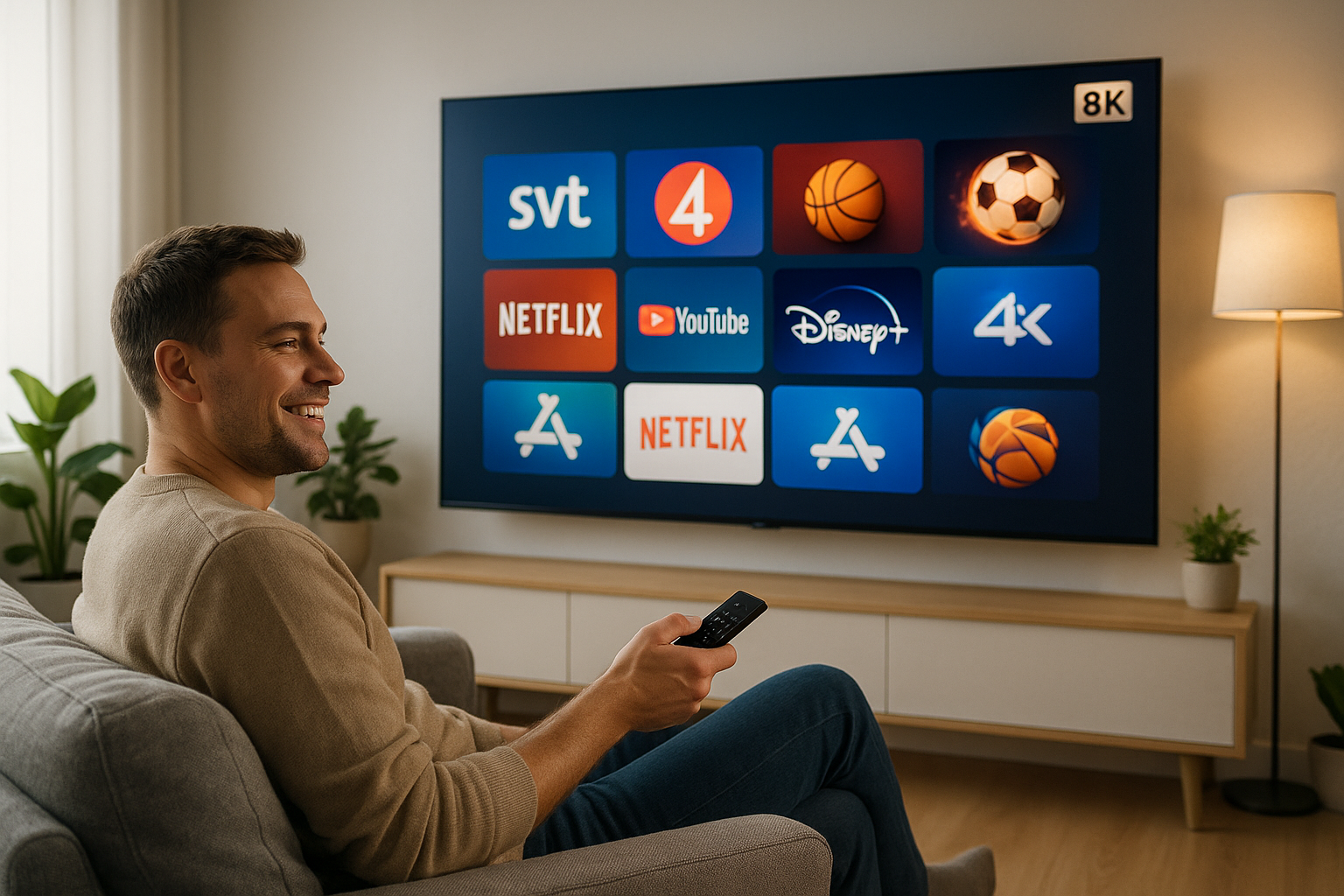 A person Browse NordicIPTV.tv service on a smart TV in a modern Swedish living room.